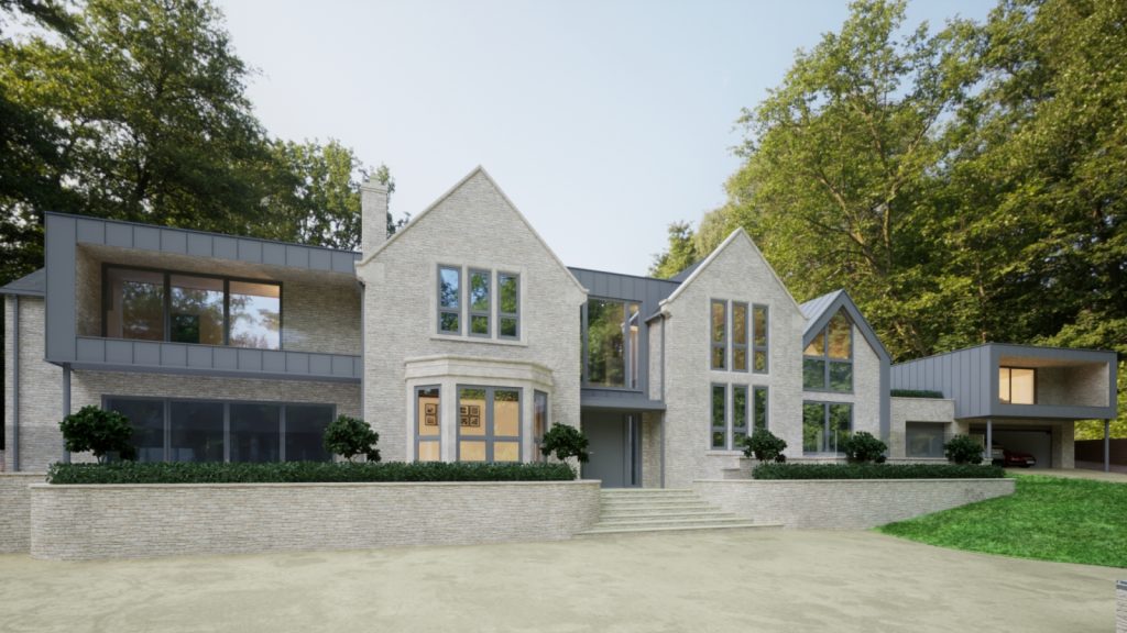 A residential renovation project house in Staffordshire with buff stone, black zink cladding and PPC aluminium glazing.